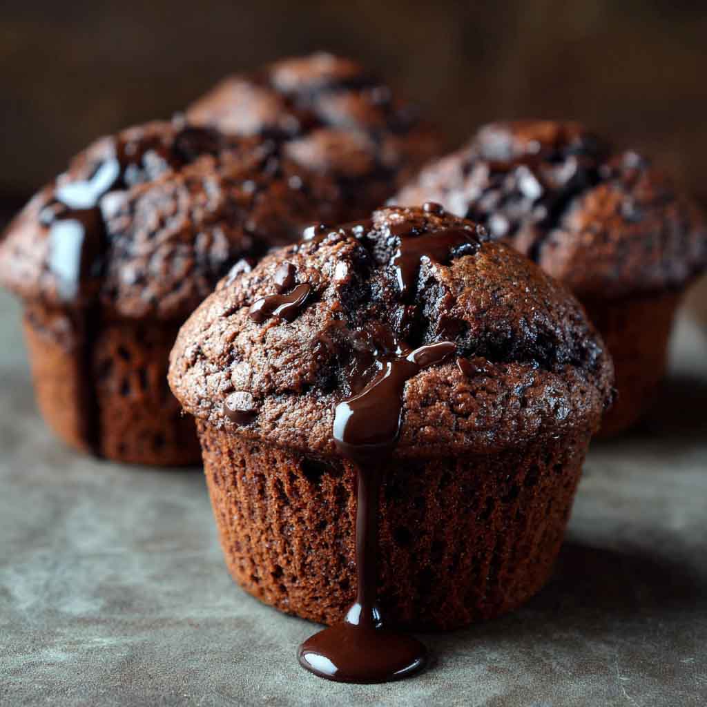 Double chocolate muffins with rich cocoa flavor, gooey melted chocolate chips, and a moist, fluffy texture served warm.