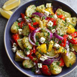 Colorful Greek potato salad with fresh herbs, olives, red onion, and lemon vinaigrette served in a rustic bowl.