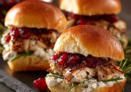Cranberry turkey sliders made with tender turkey, melted cheese, cranberry sauce, and soft slider buns baked golden brown.