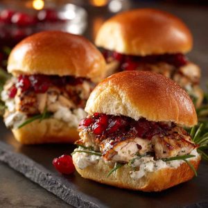 Cranberry turkey sliders made with tender turkey, melted cheese, cranberry sauce, and soft slider buns baked golden brown.