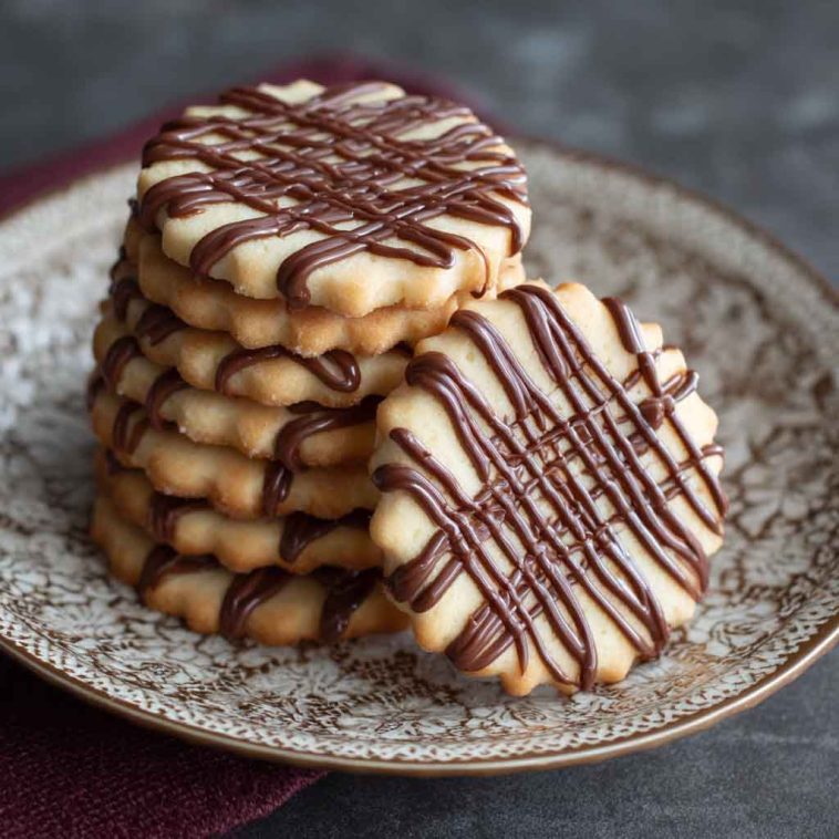 Piped chocolate butter cookies with delicate swirls, rich cocoa flavor, and a crisp buttery texture baked golden brown.