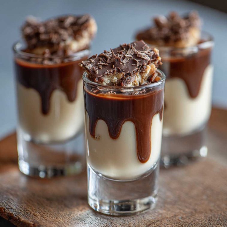 Creamy chocolate pudding shots infused with Kahlua and Bailey’s Irish Cream, topped with whipped cream and chocolate shavings in festive shot glasses.