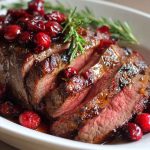 Succulent cranberry roast beef served with a rich cranberry glaze, garnished with herbs on a holiday platter.