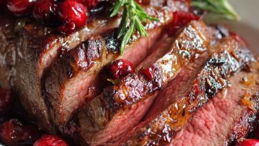 Succulent cranberry roast beef served with a rich cranberry glaze, garnished with herbs on a holiday platter.