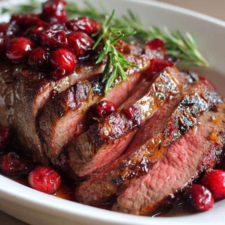 Succulent cranberry roast beef served with a rich cranberry glaze, garnished with herbs on a holiday platter.