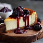 London Fog Basque cheesecake infused with Earl Grey tea, topped with blackberry sauce and dusted with powdered sugar.