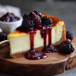 London Fog Basque cheesecake infused with Earl Grey tea, topped with blackberry sauce and dusted with powdered sugar.