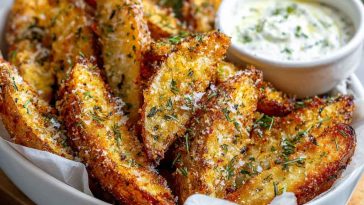 Crispy garlic parmesan potato wedges baked golden brown, sprinkled with fresh parsley and served with dipping sauce.