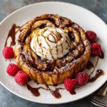 "Golden cinnamon roll French toast topped with cream cheese glaze and dusted with cinnamon sugar."