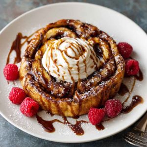 "Golden cinnamon roll French toast topped with cream cheese glaze and dusted with cinnamon sugar."