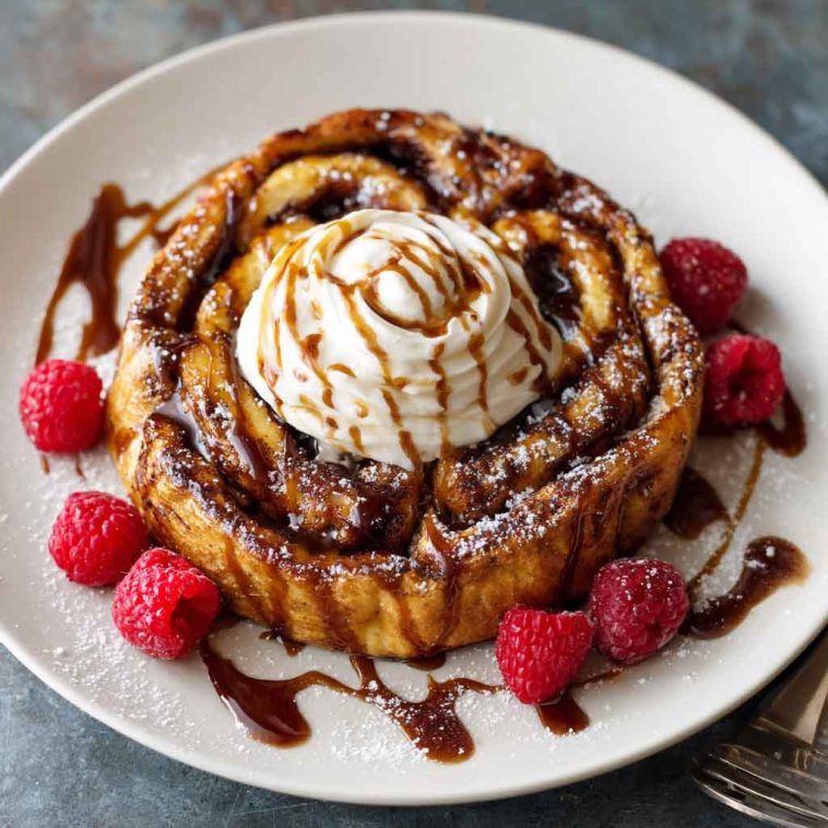 "Golden cinnamon roll French toast topped with cream cheese glaze and dusted with cinnamon sugar."