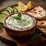 "A bowl of creamy homemade tzatziki sauce made with Greek yogurt, cucumber, garlic, and fresh dill."