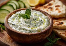 "A bowl of creamy homemade tzatziki sauce made with Greek yogurt, cucumber, garlic, and fresh dill."