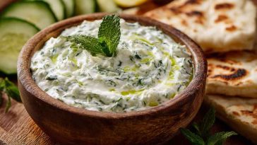 "A bowl of creamy homemade tzatziki sauce made with Greek yogurt, cucumber, garlic, and fresh dill."