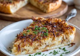 German onion pie with golden crust and creamy onion filling
