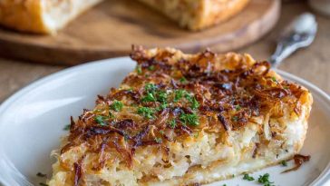 German onion pie with golden crust and creamy onion filling