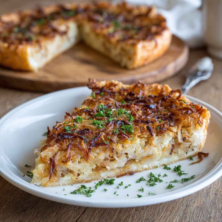 German onion pie with golden crust and creamy onion filling