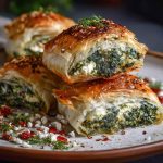 Golden Mediterranean spinach stuffed pastry with flaky layers, filled with seasoned spinach, feta, and herbs, served warm on a rustic plate.