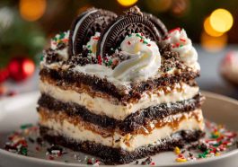 Layered no-bake Oreo Christmas lasagna topped with whipped cream and festive sprinkles.