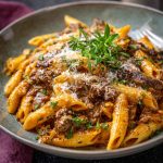 "A comforting bowl of creamy beef pasta garnished with fresh parsley, served warm for a cozy night in."