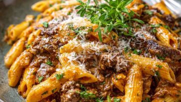 "A comforting bowl of creamy beef pasta garnished with fresh parsley, served warm for a cozy night in."