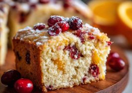 "A moist cranberry orange breakfast cake topped with fresh cranberries, orange zest, and a drizzle of glaze."