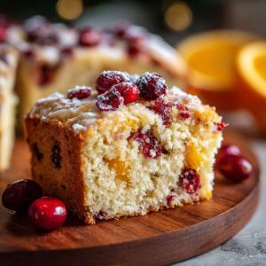 "A moist cranberry orange breakfast cake topped with fresh cranberries, orange zest, and a drizzle of glaze."
