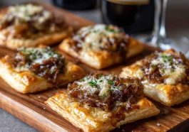 Mini French onion tarts made with golden puff pastry, caramelized onions, and melted Gruyère cheese served on a rustic platter.