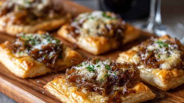 Mini French onion tarts made with golden puff pastry, caramelized onions, and melted Gruyère cheese served on a rustic platter.