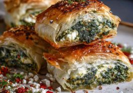 Golden Mediterranean spinach stuffed pastry with flaky layers, filled with seasoned spinach, feta, and herbs, served warm on a rustic plate.