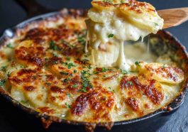 Scalloped potatoes baked with layers of tender sliced potatoes and creamy cheesy sauce, topped with golden crust.