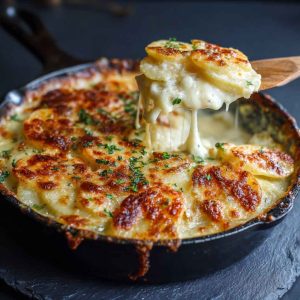Scalloped potatoes baked with layers of tender sliced potatoes and creamy cheesy sauce, topped with golden crust.