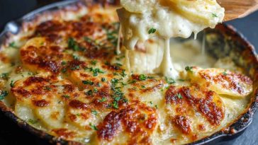 Scalloped potatoes baked with layers of tender sliced potatoes and creamy cheesy sauce, topped with golden crust.