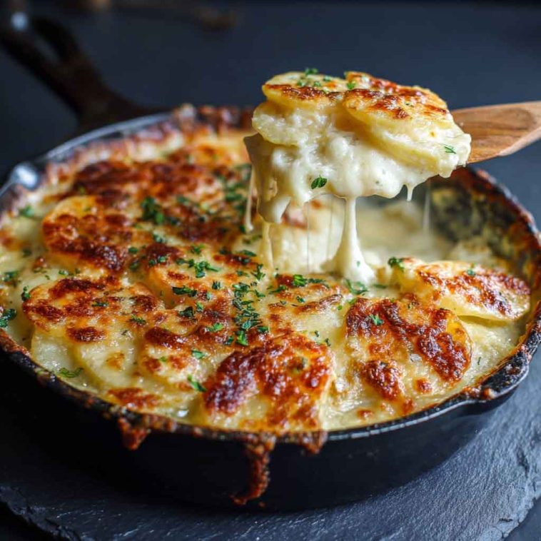 Scalloped potatoes baked with layers of tender sliced potatoes and creamy cheesy sauce, topped with golden crust.