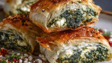 Golden Mediterranean spinach stuffed pastry with flaky layers, filled with seasoned spinach, feta, and herbs, served warm on a rustic plate.