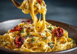 Cheesy pasta baked to golden perfection, topped with gooey melted cheese and fresh herbs in a rustic dish.