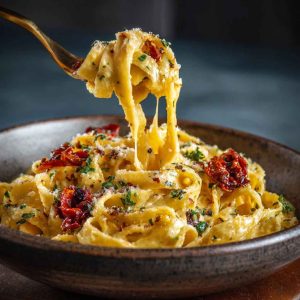 Cheesy pasta baked to golden perfection, topped with gooey melted cheese and fresh herbs in a rustic dish.