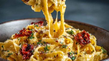 Cheesy pasta baked to golden perfection, topped with gooey melted cheese and fresh herbs in a rustic dish.