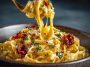 Cheesy pasta baked to golden perfection, topped with gooey melted cheese and fresh herbs in a rustic dish.