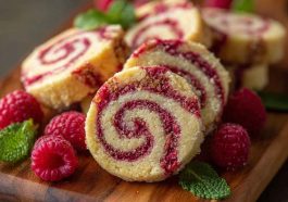Raspberry swirl cookies with buttery shortbread base, filled with raspberry jam swirls and baked to golden perfection.