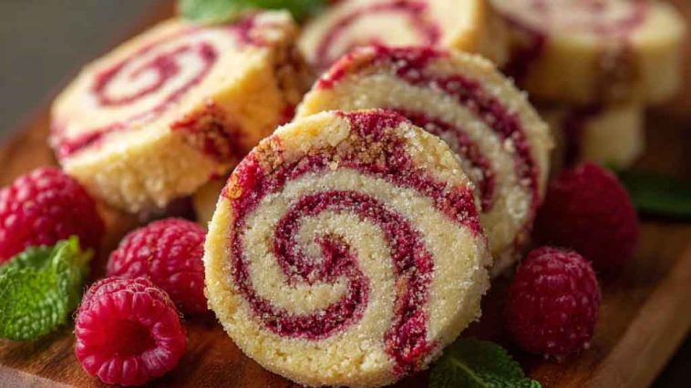Raspberry swirl cookies with buttery shortbread base, filled with raspberry jam swirls and baked to golden perfection.