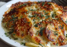 Crispy parmesan and gruyere potato gratin baked golden brown in a casserole dish