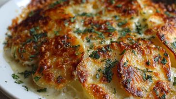 Crispy parmesan and gruyere potato gratin baked golden brown in a casserole dish