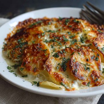Crispy parmesan and gruyere potato gratin baked golden brown in a casserole dish