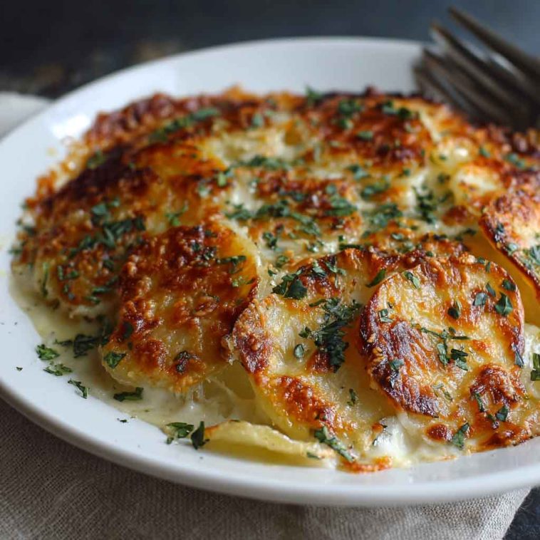 Crispy parmesan and gruyere potato gratin baked golden brown in a casserole dish