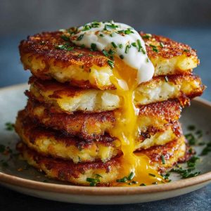 Golden cheesy potato pancakes made with shredded potatoes, melted cheese, and herbs, pan-fried until crispy and served warm.