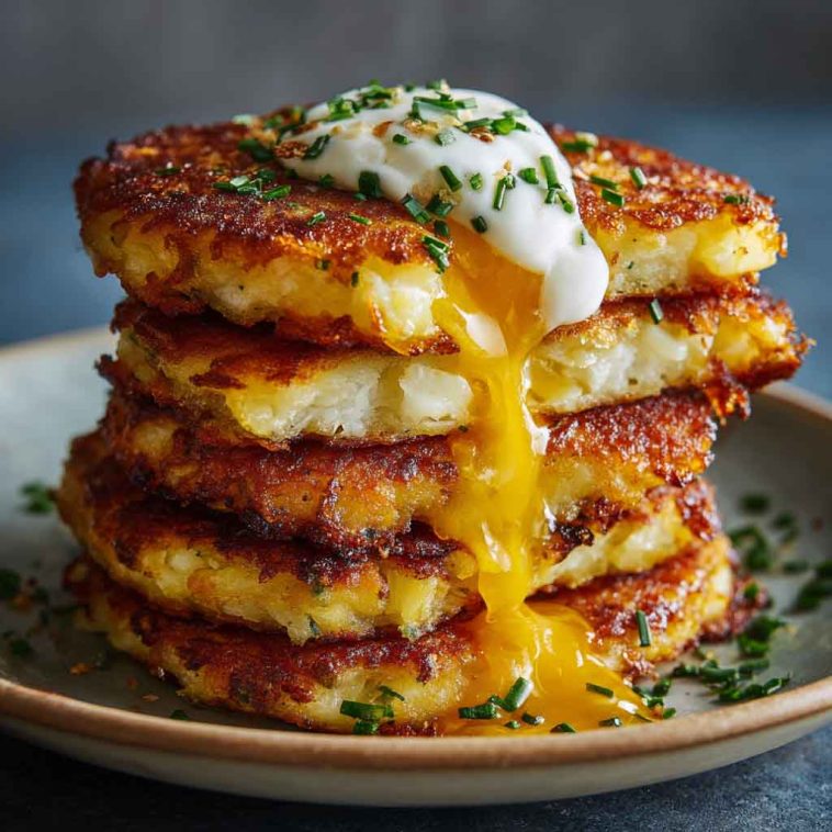 Golden cheesy potato pancakes made with shredded potatoes, melted cheese, and herbs, pan-fried until crispy and served warm.