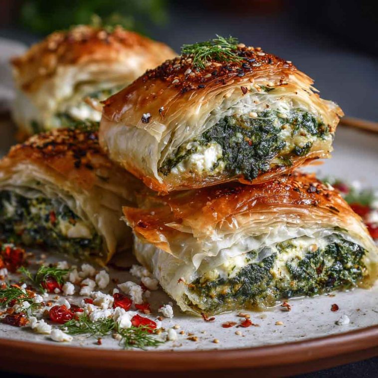 Golden Mediterranean spinach stuffed pastry with flaky layers, filled with seasoned spinach, feta, and herbs, served warm on a rustic plate.