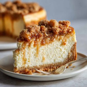 Apple crumble cheesecake topped with buttery streusel, baked golden brown, with creamy cheesecake filling and spiced apples.