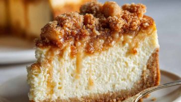 Apple crumble cheesecake topped with buttery streusel, baked golden brown, with creamy cheesecake filling and spiced apples.